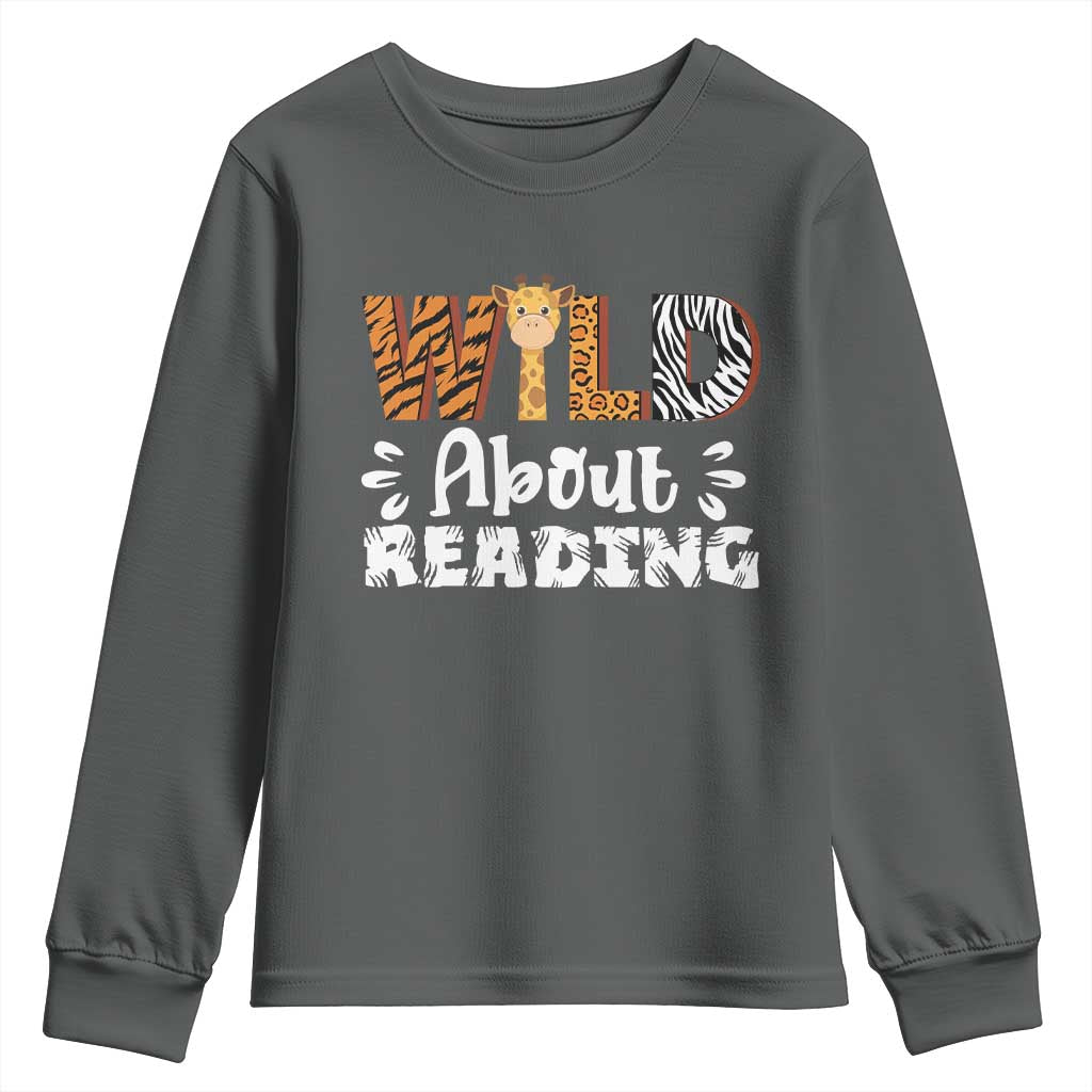 Wild About Reading Youth Sweatshirt Cute Animal Print Reading Lover Kids Teachers TS10 Dark Heather Print Your Wear