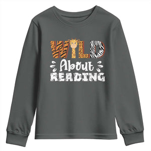 Wild About Reading Youth Sweatshirt Cute Animal Print Reading Lover Kids Teachers TS10 Dark Heather Print Your Wear