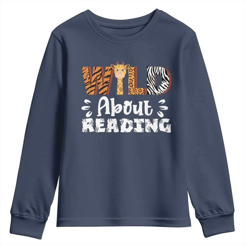 Wild About Reading Youth Sweatshirt Cute Animal Print Reading Lover Kids Teachers TS10 Navy Print Your Wear