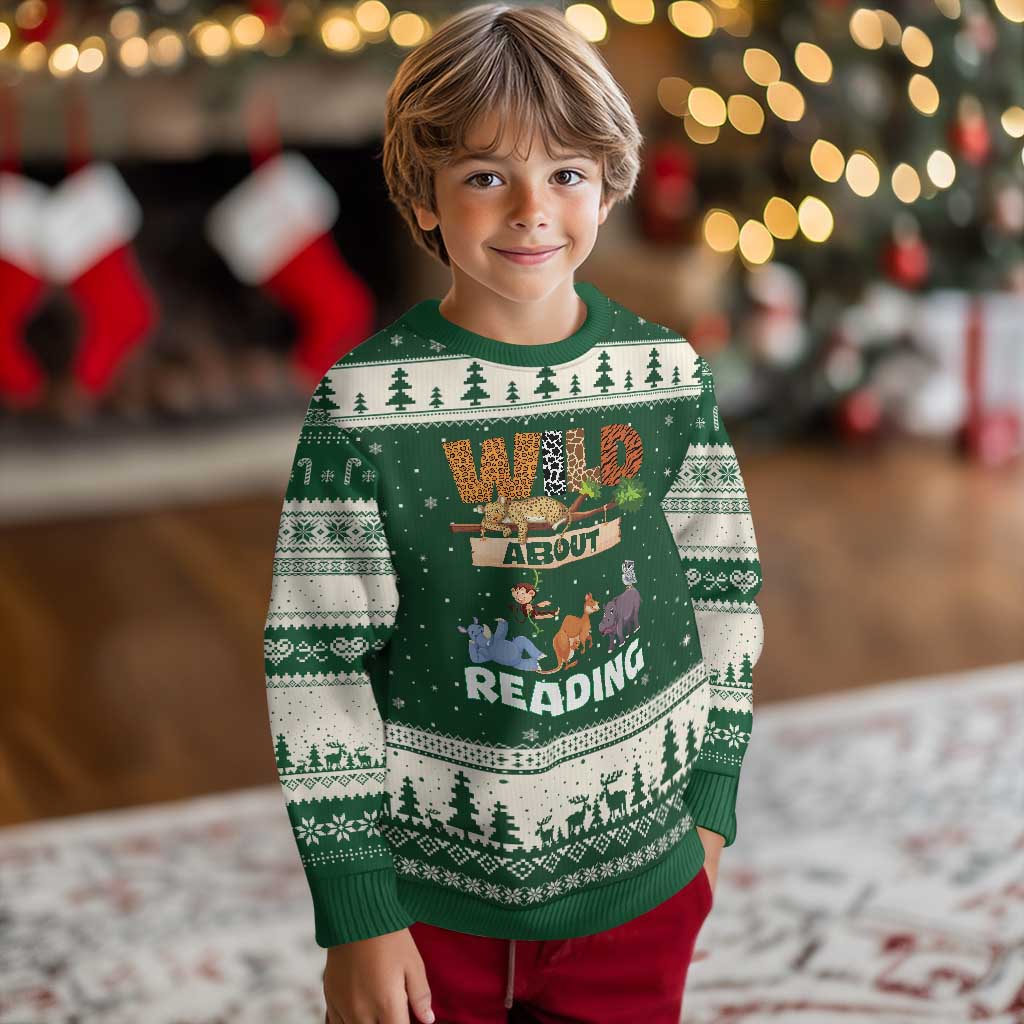 Wild About Reading Ugly Christmas Sweater Cute Animal Book Lover Kids Teachers TS10 Forest Green Beige Print Your Wear