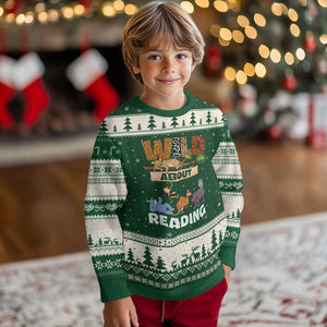 Wild About Reading Ugly Christmas Sweater Cute Animal Book Lover Kids Teachers TS10 Forest Green Beige Print Your Wear