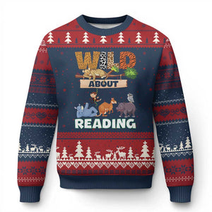 Wild About Reading Ugly Christmas Sweater Cute Animal Book Lover Kids Teachers TS10 Navy Red Print Your Wear