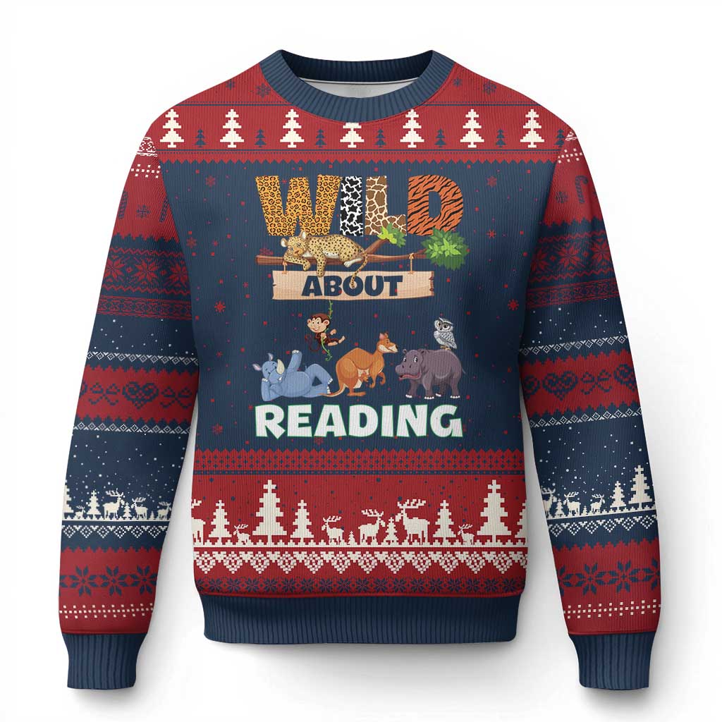 Wild About Reading Ugly Christmas Sweater Cute Animal Book Lover Kids Teachers TS10 Navy Red Print Your Wear