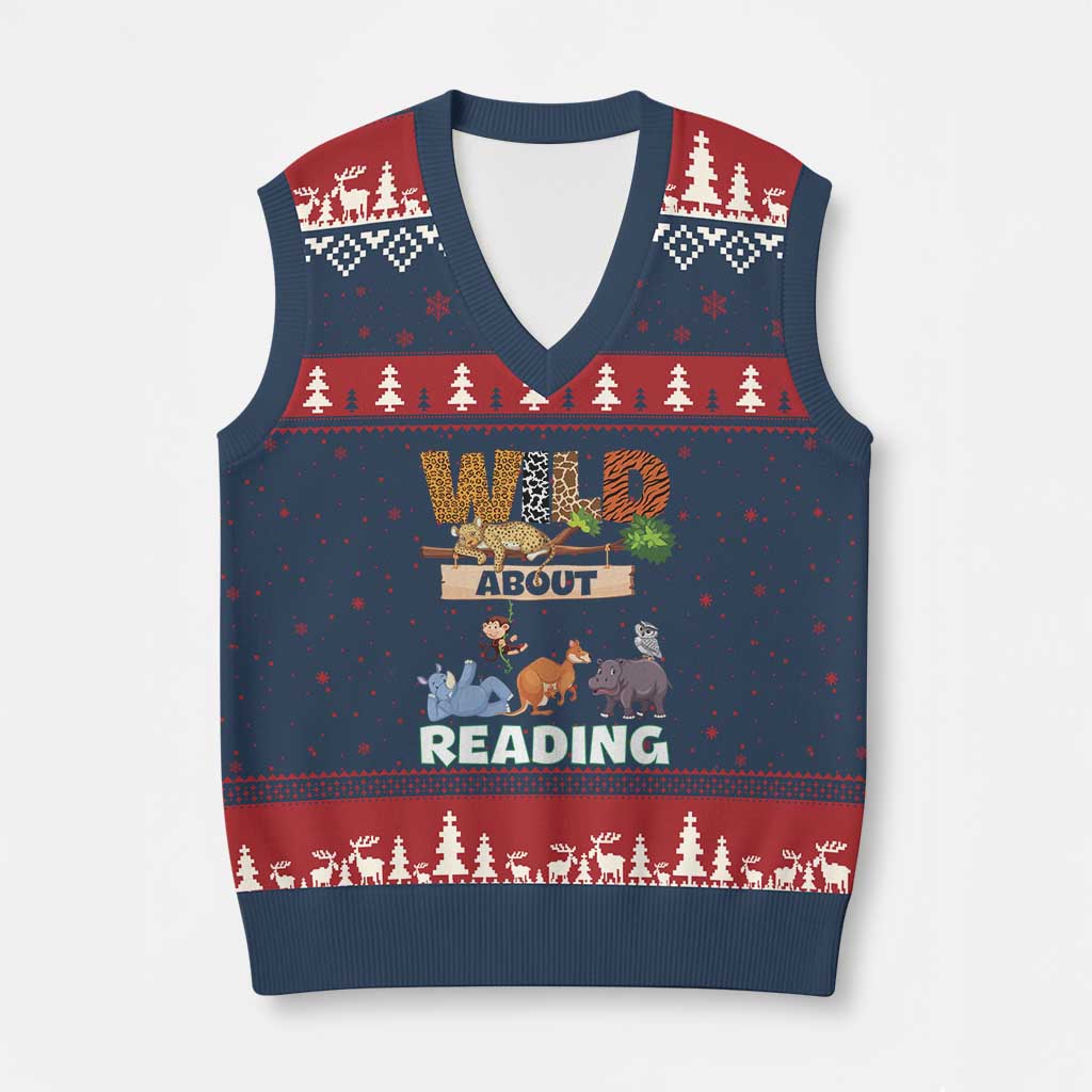 Wild About Reading V-Neck Knit Sweater Vest Cute Animal Book Lover Kids Teachers TS10 Navy Red Print Your Wear