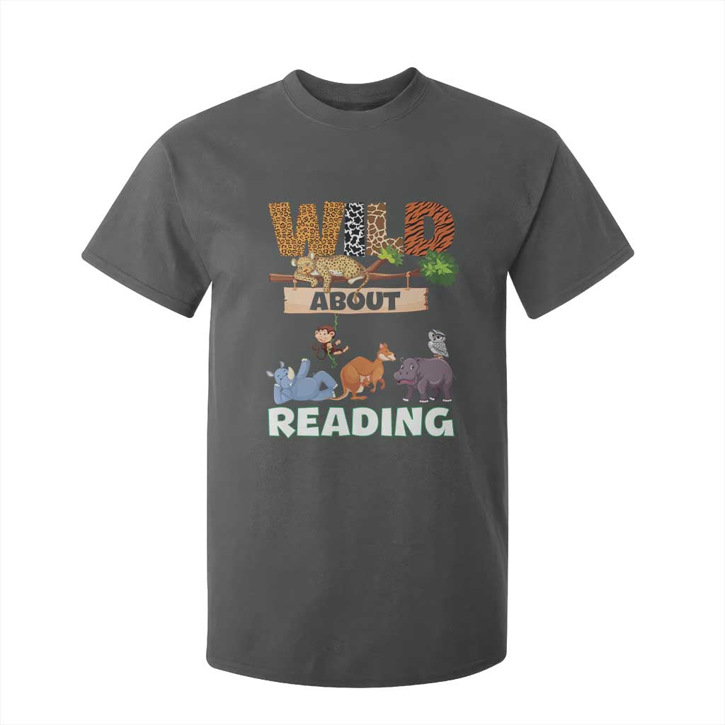 Wild About Reading T Shirt For Kid Cute Animal Book Lover Kids Teachers TS10 Dark Heather Print Your Wear