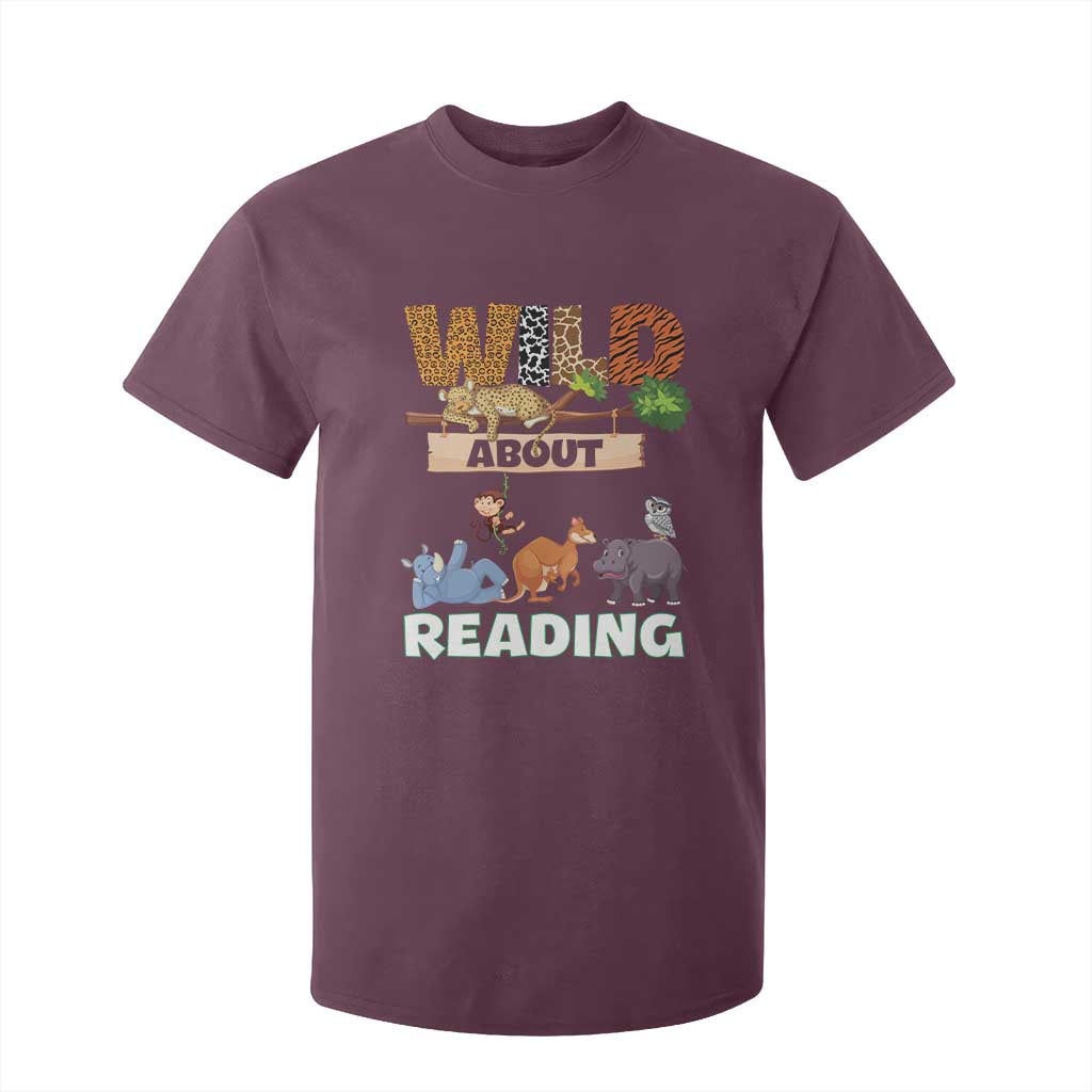 Wild About Reading T Shirt For Kid Cute Animal Book Lover Kids Teachers TS10 Maroon Print Your Wear