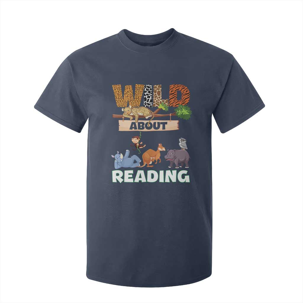 Wild About Reading T Shirt For Kid Cute Animal Book Lover Kids Teachers TS10 Navy Print Your Wear