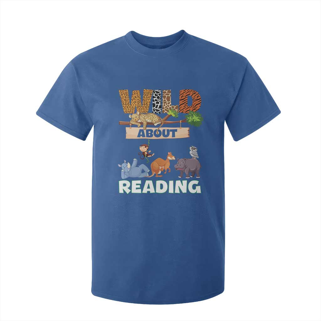 Wild About Reading T Shirt For Kid Cute Animal Book Lover Kids Teachers TS10 Royal Blue Print Your Wear