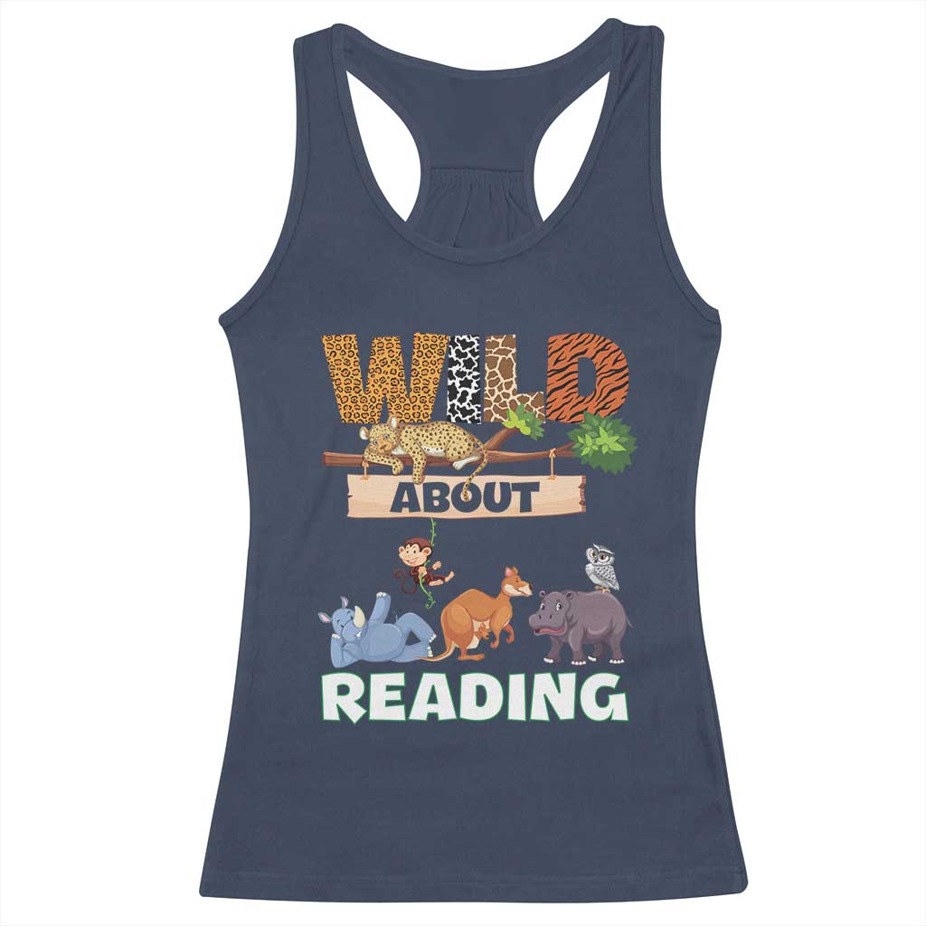 Wild About Reading Racerback Tank Top Cute Animal Book Lover Kids Teachers TS10 Navy Print Your Wear