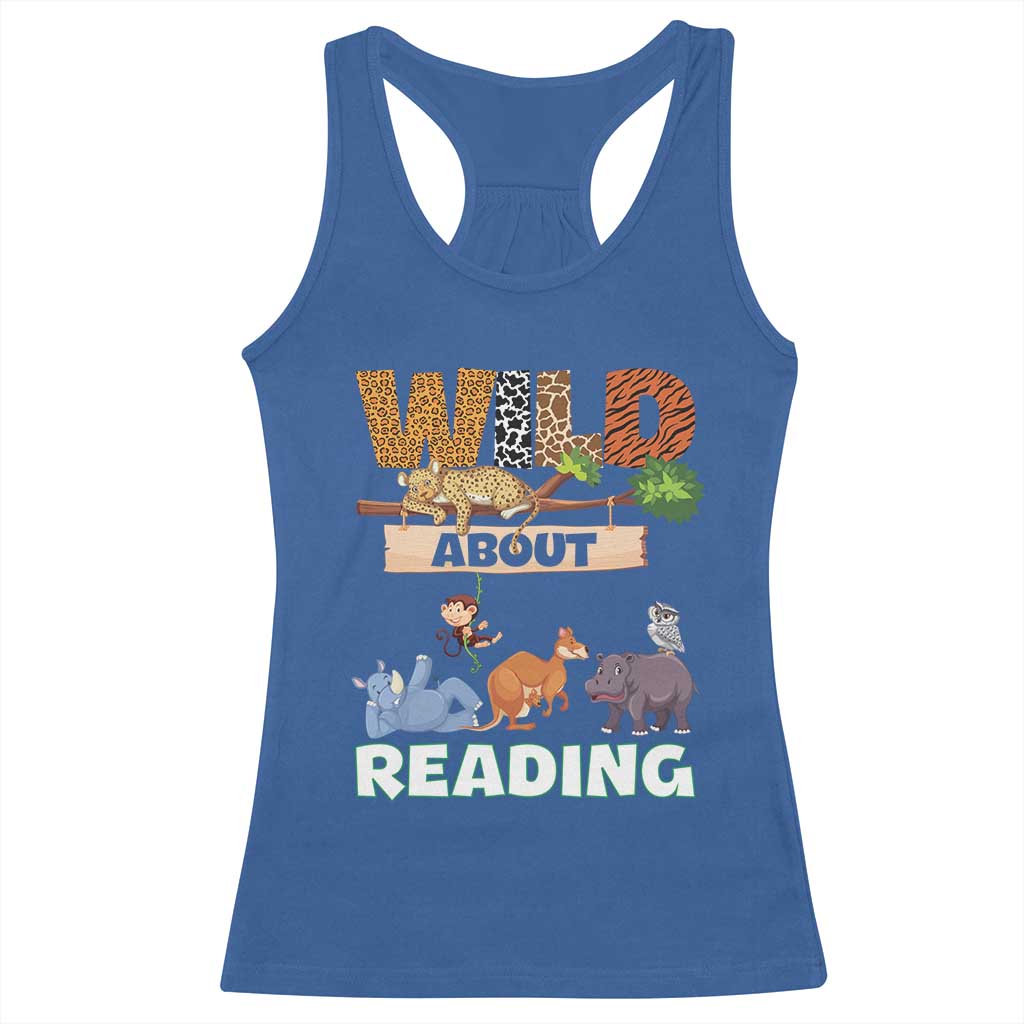 Wild About Reading Racerback Tank Top Cute Animal Book Lover Kids Teachers TS10 Royal Blue Print Your Wear