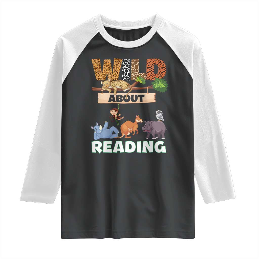 Wild About Reading Raglan Shirt Cute Animal Book Lover Kids Teachers TS10 Black White Print Your Wear