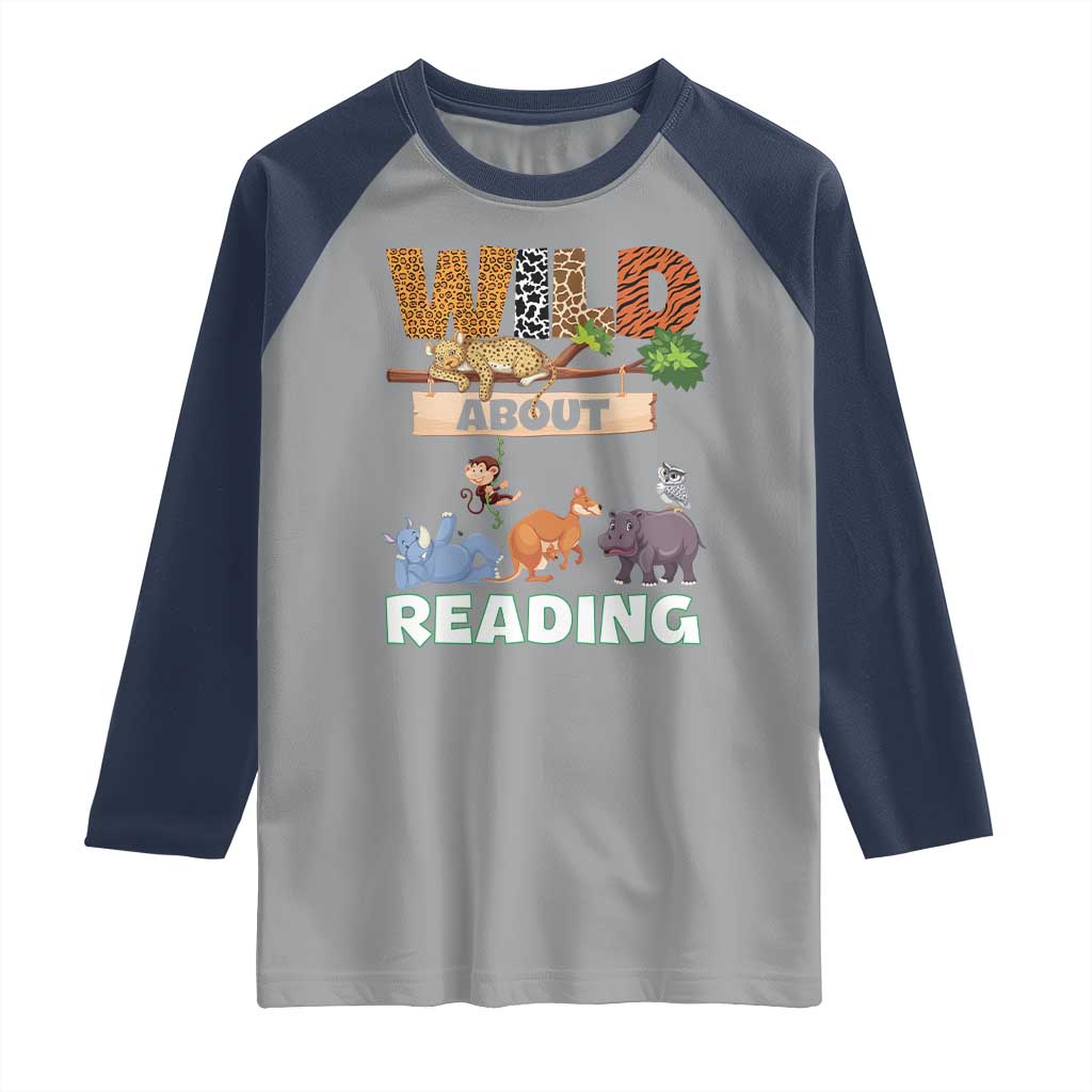 Wild About Reading Raglan Shirt Cute Animal Book Lover Kids Teachers TS10 Sport Gray Navy Print Your Wear