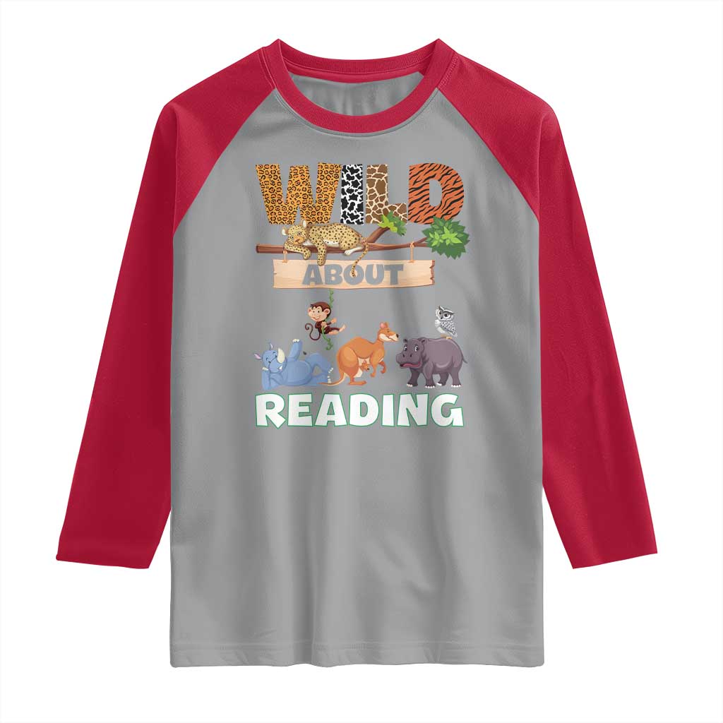 Wild About Reading Raglan Shirt Cute Animal Book Lover Kids Teachers TS10 Sport Gray Red Print Your Wear