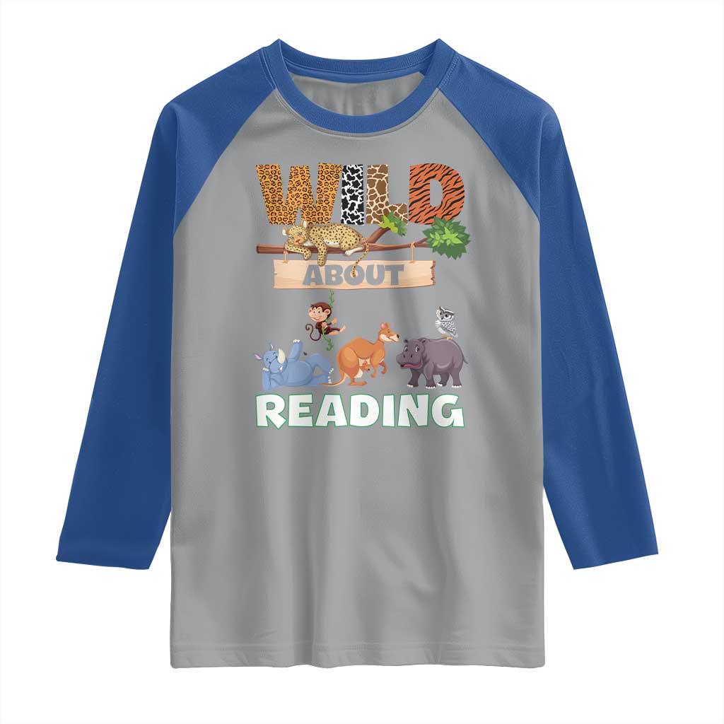 Wild About Reading Raglan Shirt Cute Animal Book Lover Kids Teachers TS10 Sport Gray Royal Print Your Wear