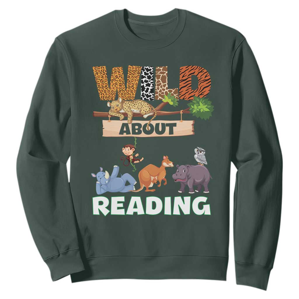 Wild About Reading Sweatshirt Cute Animal Book Lover Kids Teachers TS10 Dark Forest Green Print Your Wear