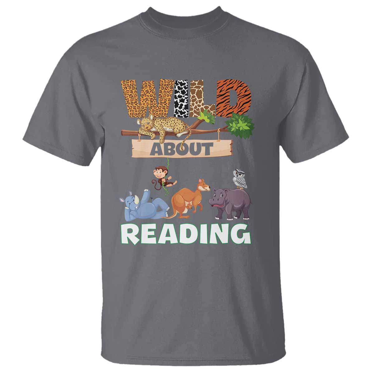 Wild About Reading T Shirt Cute Animal Book Lover Kids Teachers TS10 Charcoal Print Your Wear