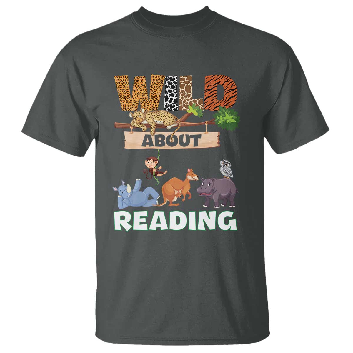 Wild About Reading T Shirt Cute Animal Book Lover Kids Teachers TS10 Dark Heather Print Your Wear