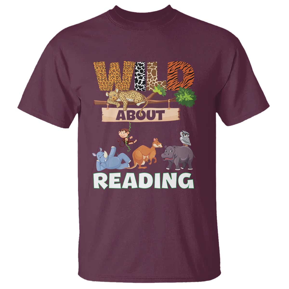 Wild About Reading T Shirt Cute Animal Book Lover Kids Teachers TS10 Maroon Print Your Wear