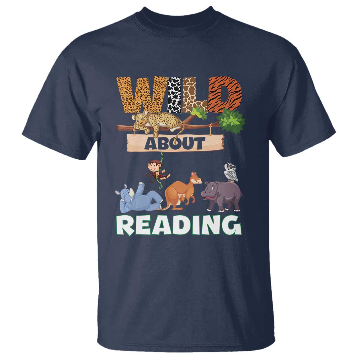 Wild About Reading T Shirt Cute Animal Book Lover Kids Teachers TS10 Navy Print Your Wear