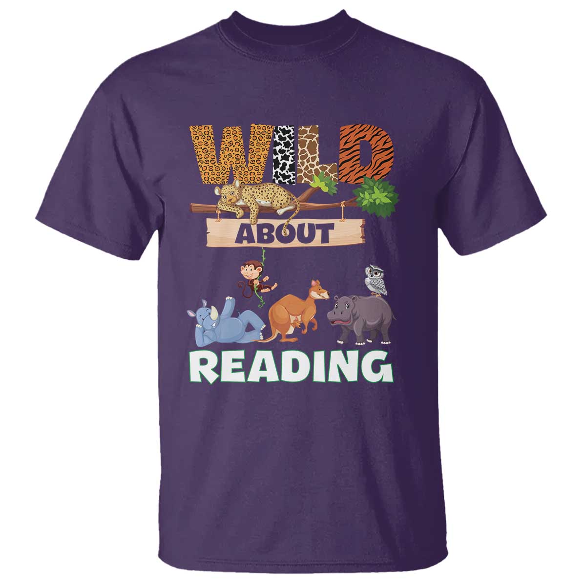 Wild About Reading T Shirt Cute Animal Book Lover Kids Teachers TS10 Purple Print Your Wear