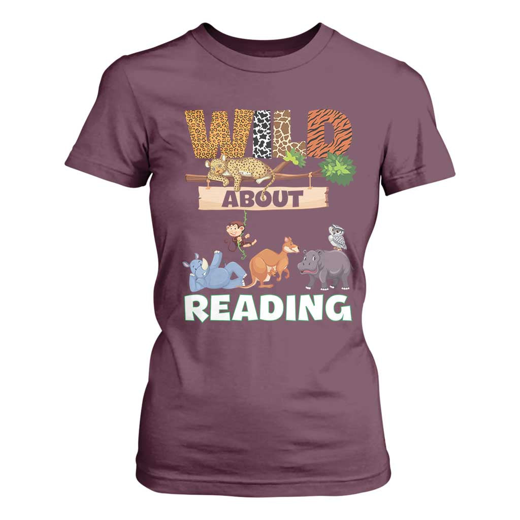 Wild About Reading T Shirt For Women Cute Animal Book Lover Kids Teachers TS10 Maroon Print Your Wear
