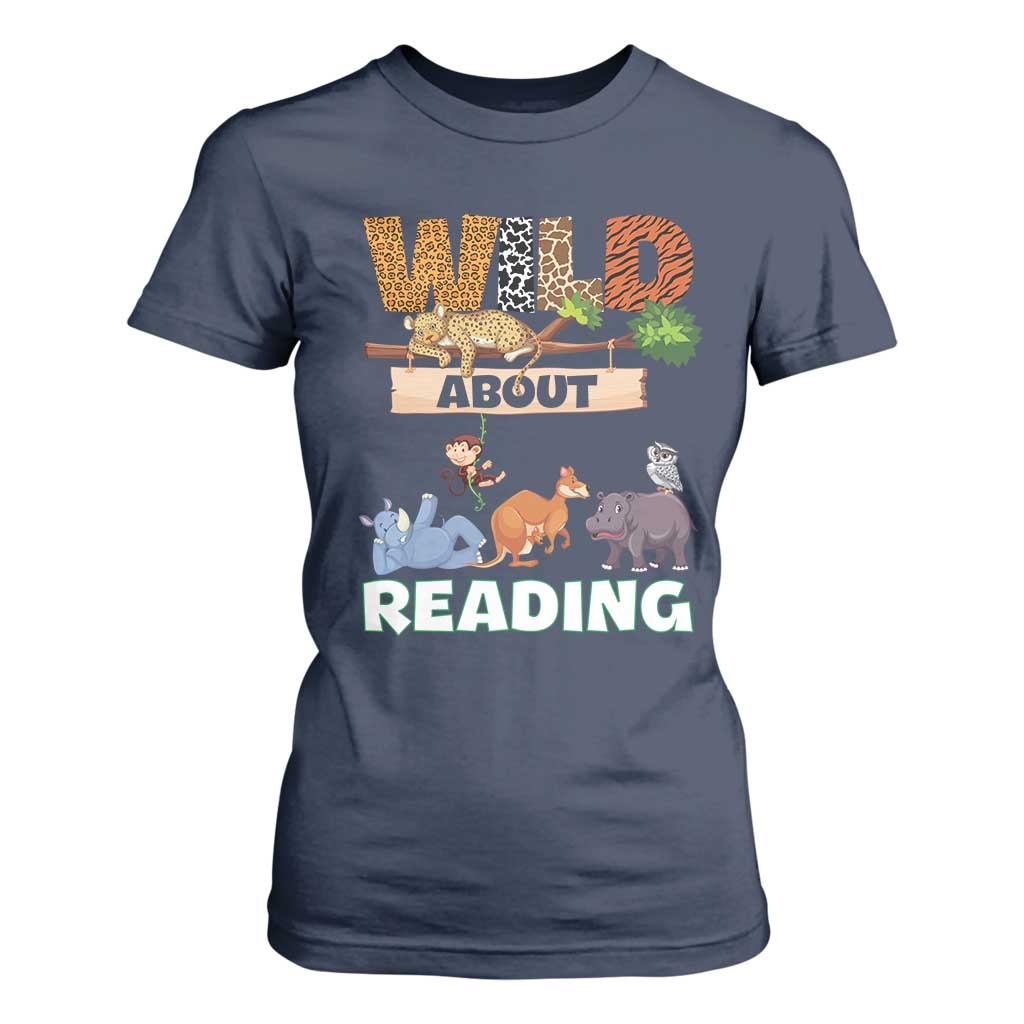 Wild About Reading T Shirt For Women Cute Animal Book Lover Kids Teachers TS10 Navy Print Your Wear