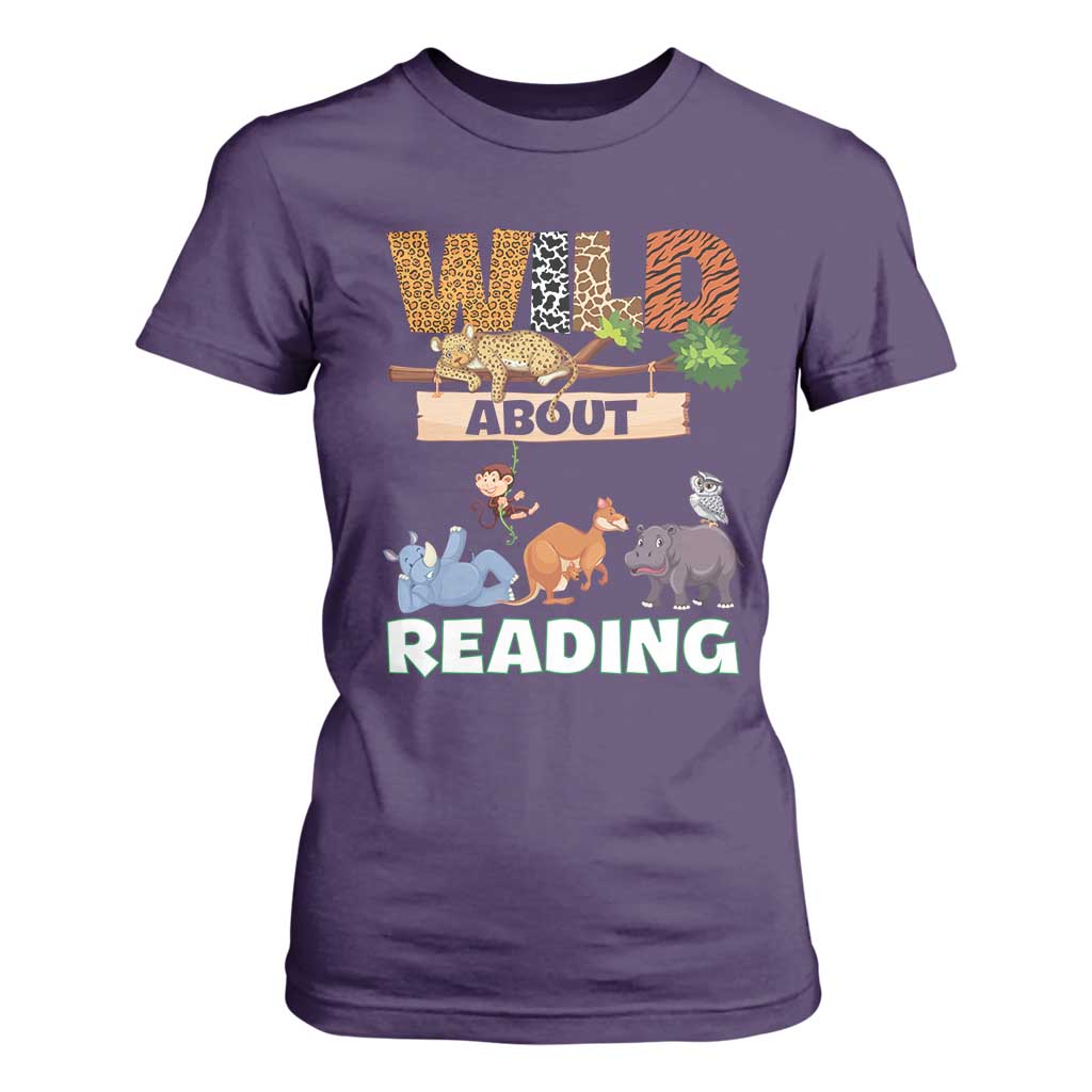 Wild About Reading T Shirt For Women Cute Animal Book Lover Kids Teachers TS10 Purple Print Your Wear
