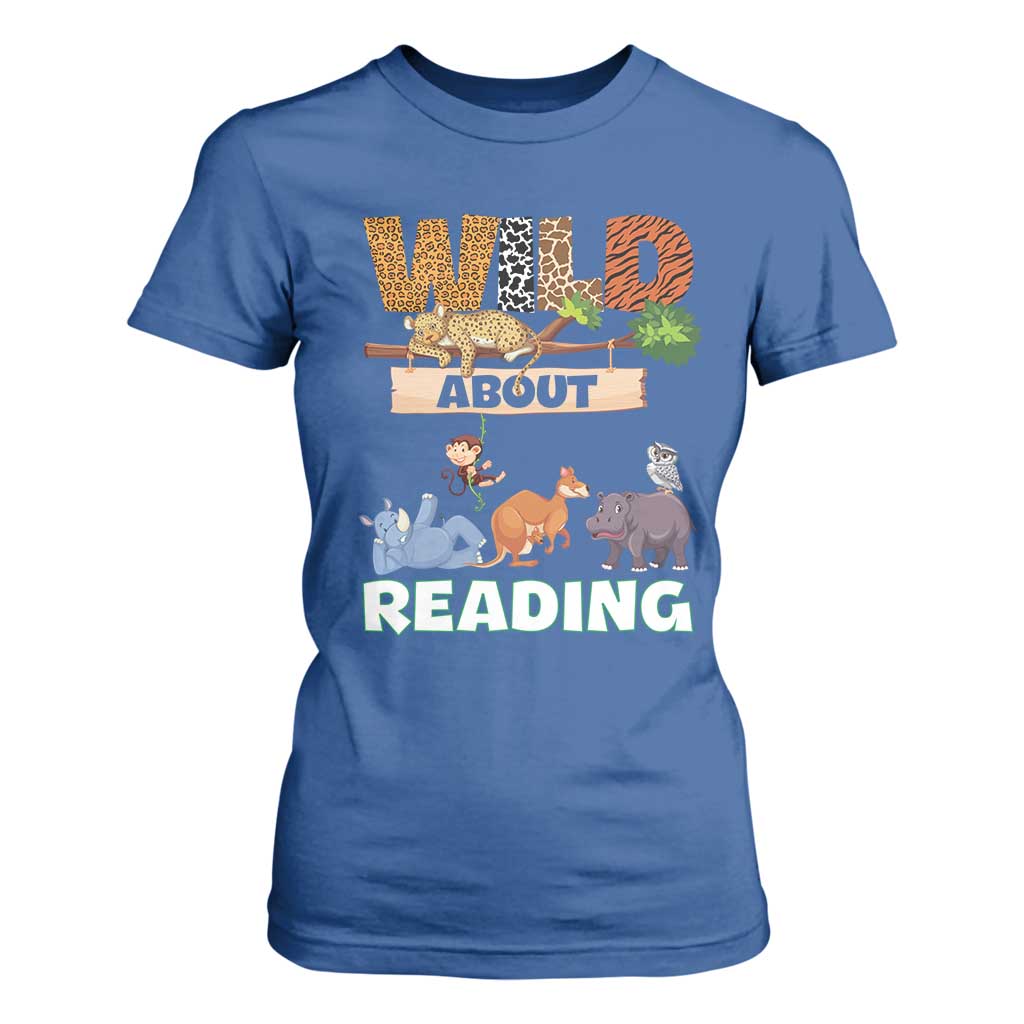 Wild About Reading T Shirt For Women Cute Animal Book Lover Kids Teachers TS10 Royal Blue Print Your Wear