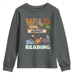 Wild About Reading Youth Sweatshirt Cute Animal Book Lover Kids Teachers TS10 Dark Heather Print Your Wear