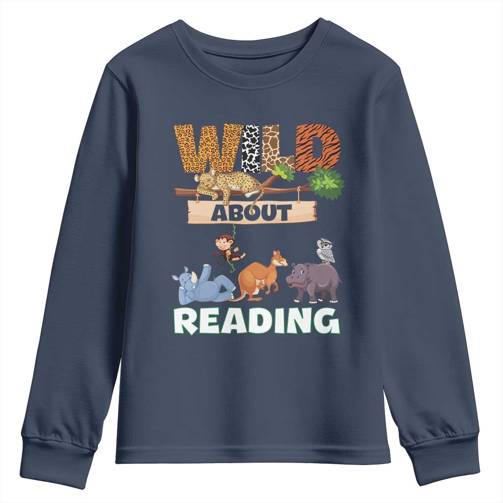 Wild About Reading Youth Sweatshirt Cute Animal Book Lover Kids Teachers TS10 Navy Print Your Wear