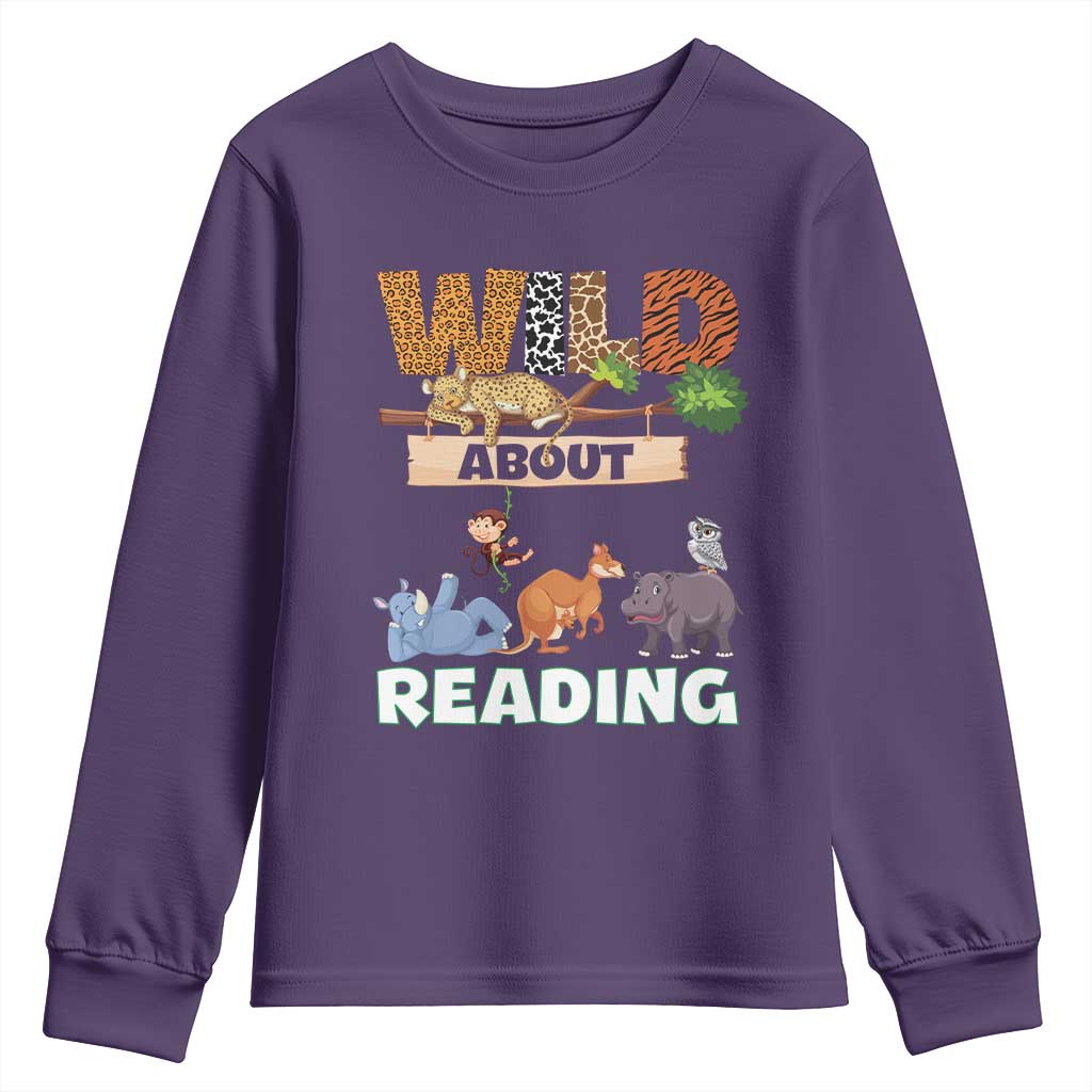 Wild About Reading Youth Sweatshirt Cute Animal Book Lover Kids Teachers TS10 Purple Print Your Wear