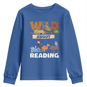 Wild About Reading Youth Sweatshirt Cute Animal Book Lover Kids Teachers TS10 Royal Blue Print Your Wear