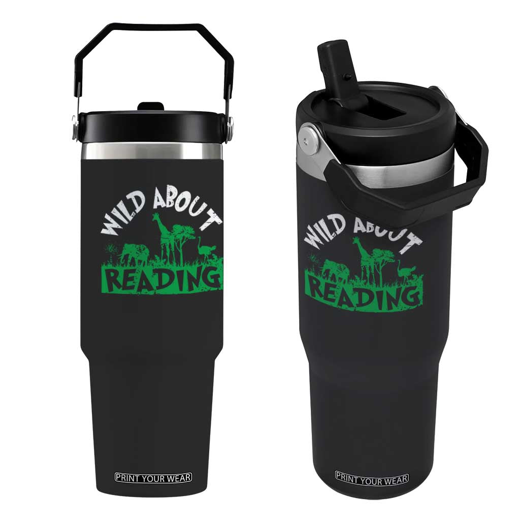 Wild About Reading Flip Straw Tumbler Cute Safari Animal Reading Shirt Preschool Kindergarten TS10 One Size: 30 oz Black Print Your Wear