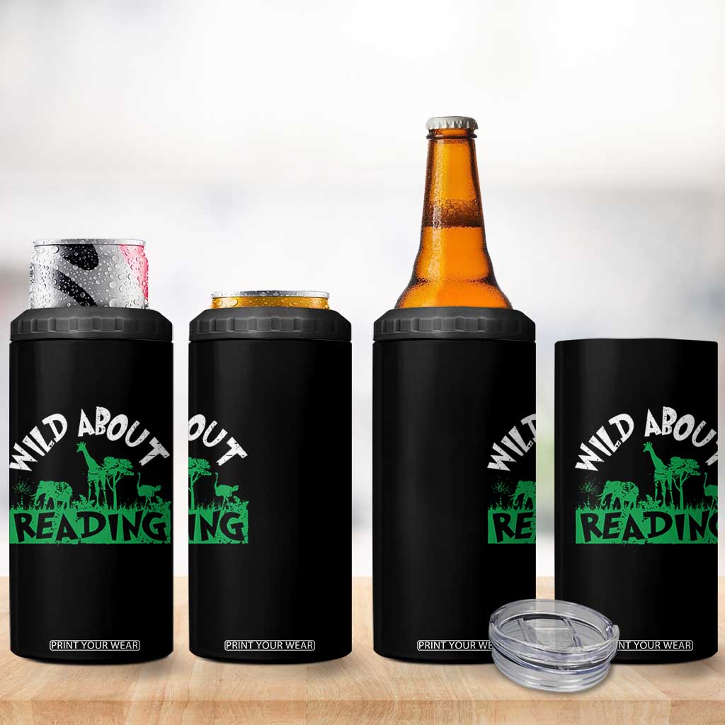 Wild About Reading 4 in 1 Can Cooler Tumbler Cute Safari Animal Reading Shirt Preschool Kindergarten TS10 Print Your Wear