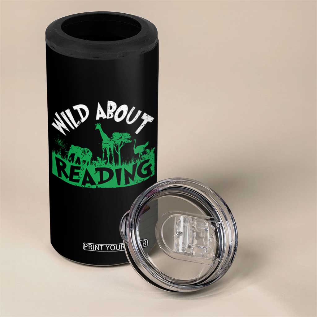 Wild About Reading 4 in 1 Can Cooler Tumbler Cute Safari Animal Reading Shirt Preschool Kindergarten TS10 Print Your Wear