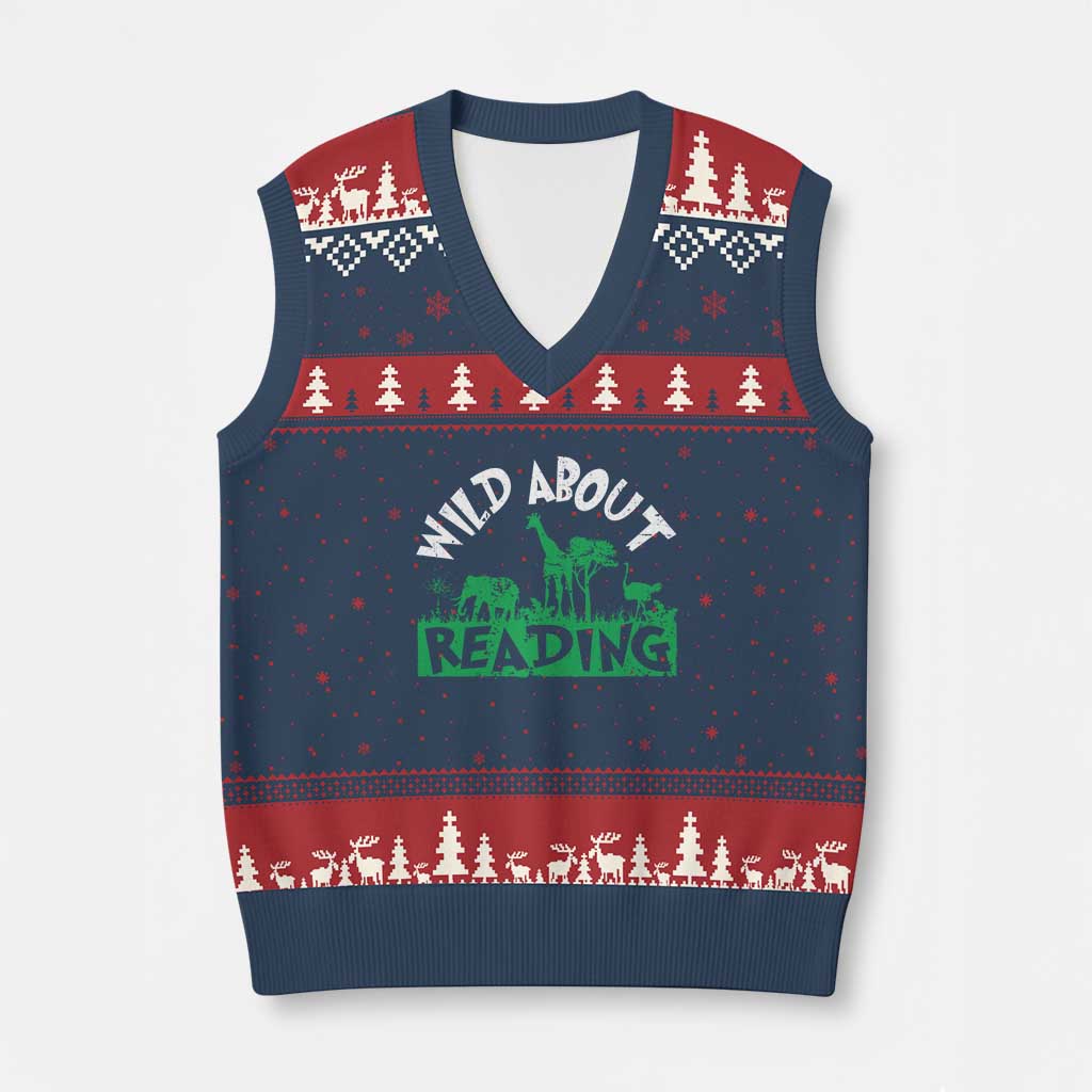 Wild About Reading V-Neck Knit Sweater Vest Cute Safari Animal Reading Shirt Preschool Kindergarten TS10 Navy Red Print Your Wear