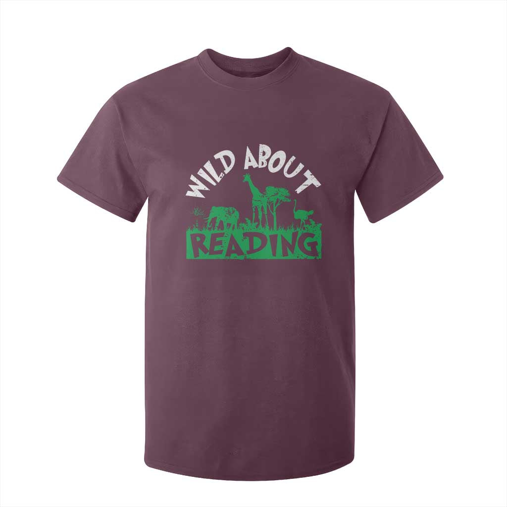 Wild About Reading T Shirt For Kid Cute Safari Animal Reading Shirt Preschool Kindergarten TS10 Maroon Print Your Wear
