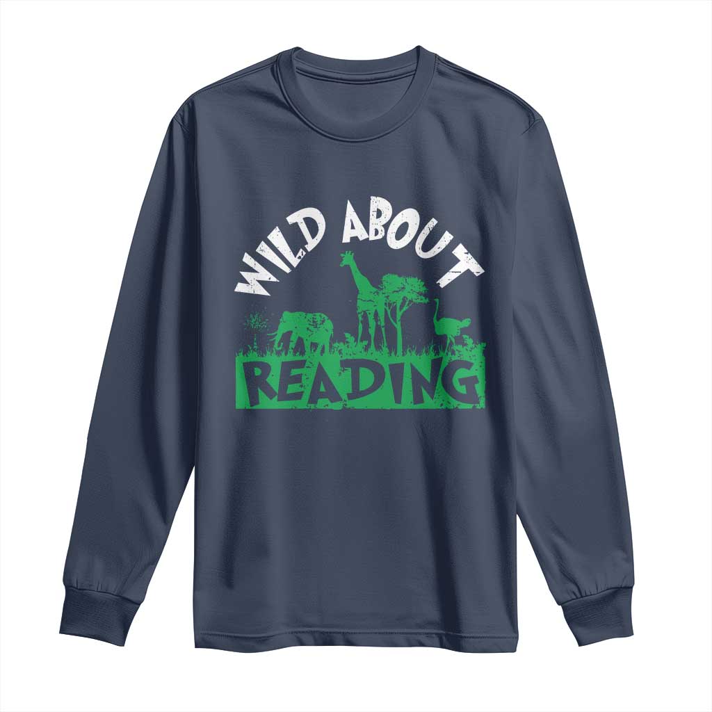 Wild About Reading Long Sleeve Shirt Cute Safari Animal Reading Shirt Preschool Kindergarten TS10 Navy Print Your Wear