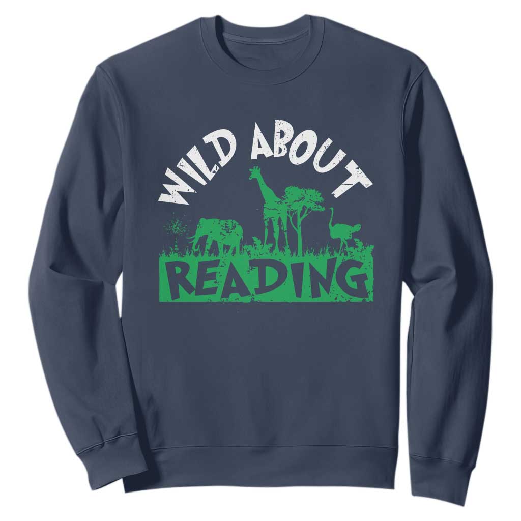Wild About Reading Sweatshirt Cute Safari Animal Reading Shirt Preschool Kindergarten TS10 Navy Print Your Wear