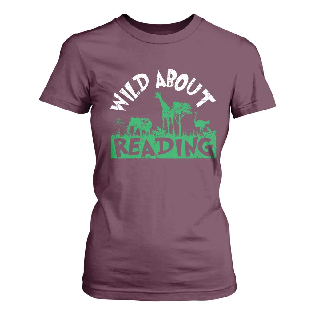 Wild About Reading T Shirt For Women Cute Safari Animal Reading Shirt Preschool Kindergarten TS10 Maroon Print Your Wear