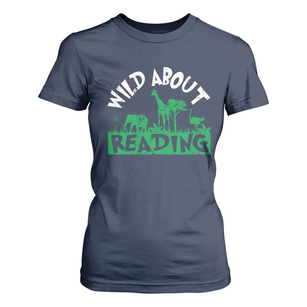 Wild About Reading T Shirt For Women Cute Safari Animal Reading Shirt Preschool Kindergarten TS10 Navy Print Your Wear