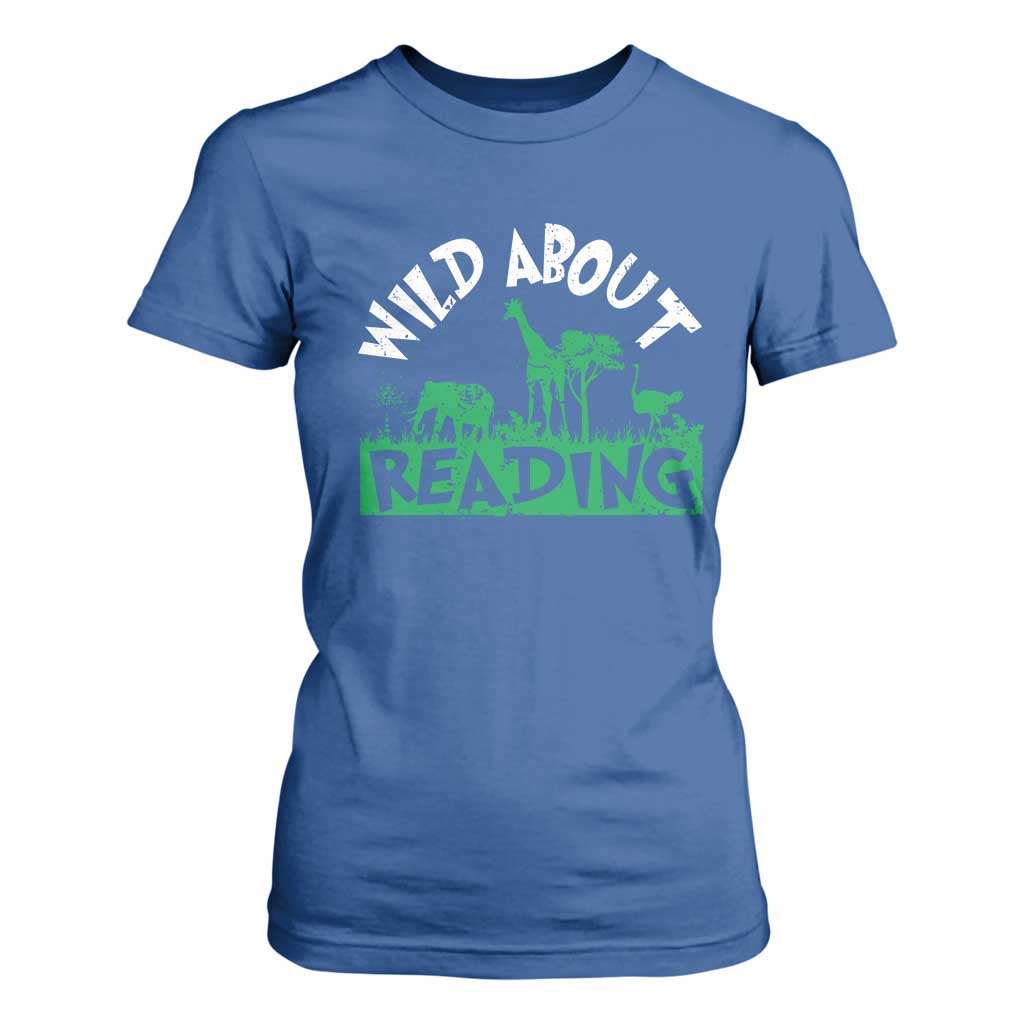 Wild About Reading T Shirt For Women Cute Safari Animal Reading Shirt Preschool Kindergarten TS10 Royal Blue Print Your Wear