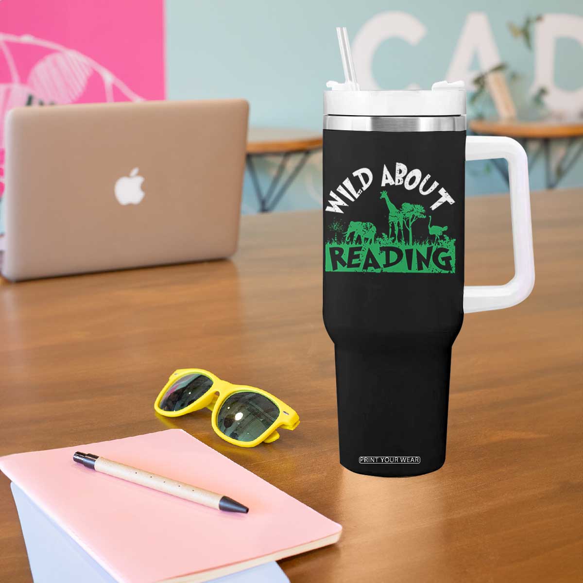 Wild About Reading Tumbler With Handle Cute Safari Animal Reading Shirt Preschool Kindergarten TS10 Print Your Wear