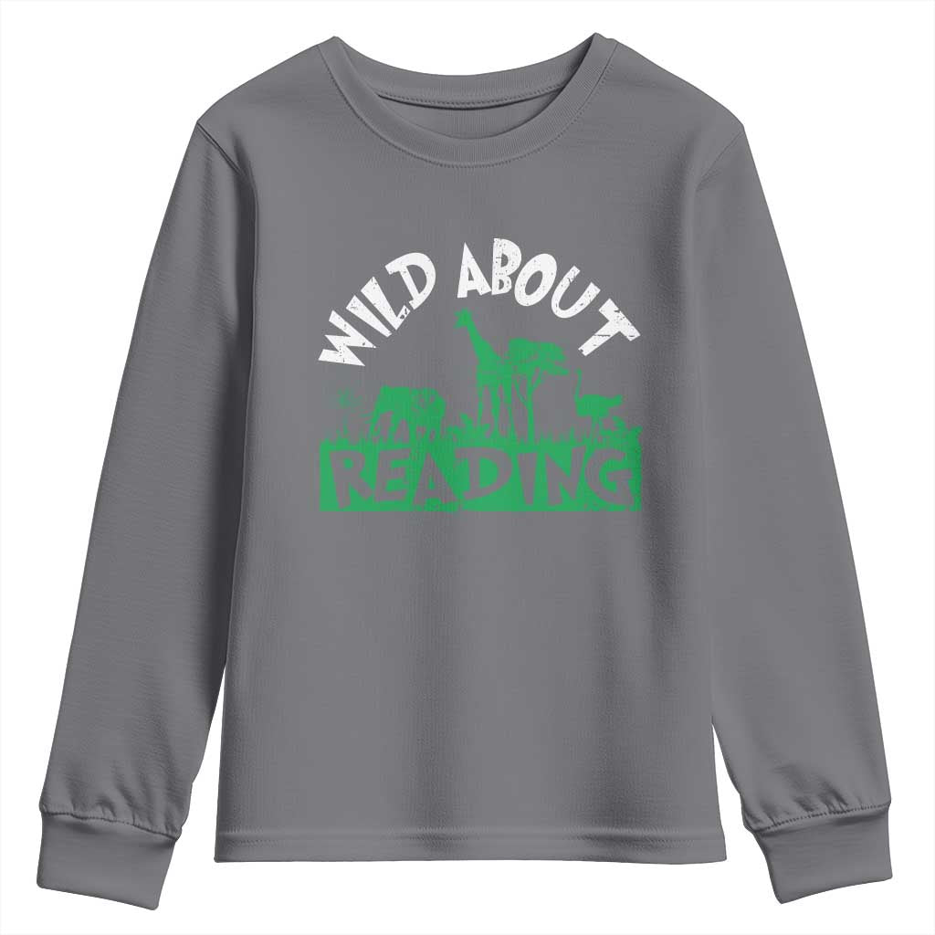 Wild About Reading Youth Sweatshirt Cute Safari Animal Reading Shirt Preschool Kindergarten TS10 Charcoal Print Your Wear