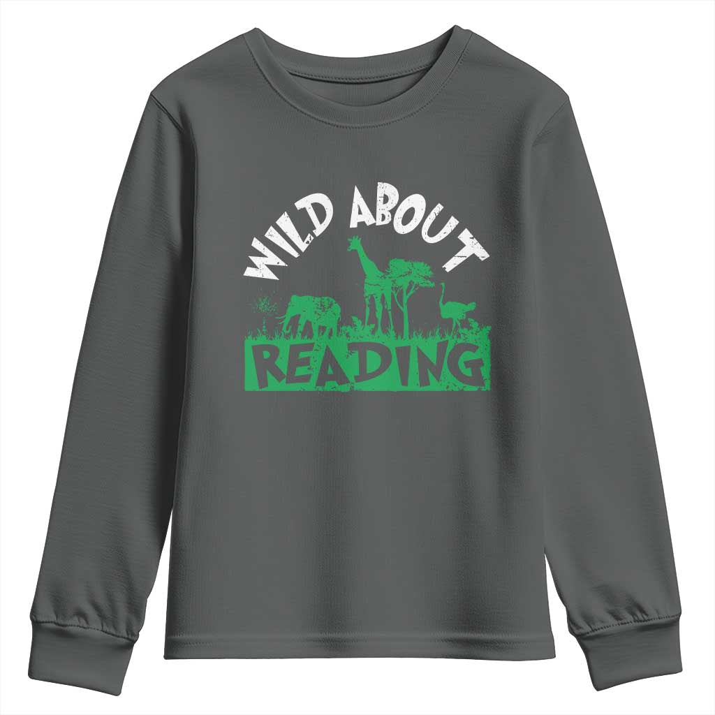 Wild About Reading Youth Sweatshirt Cute Safari Animal Reading Shirt Preschool Kindergarten TS10 Dark Heather Print Your Wear