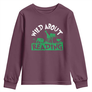 Wild About Reading Youth Sweatshirt Cute Safari Animal Reading Shirt Preschool Kindergarten TS10 Maroon Print Your Wear