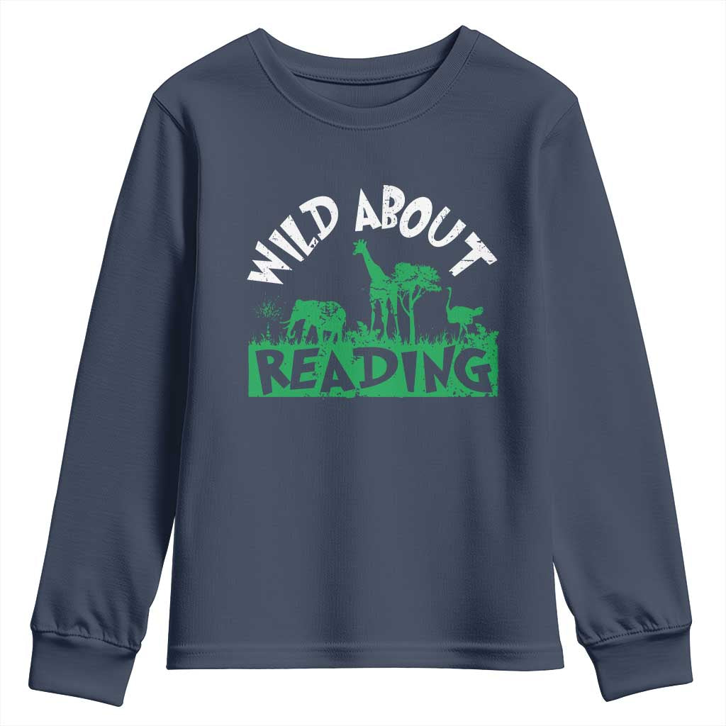 Wild About Reading Youth Sweatshirt Cute Safari Animal Reading Shirt Preschool Kindergarten TS10 Navy Print Your Wear