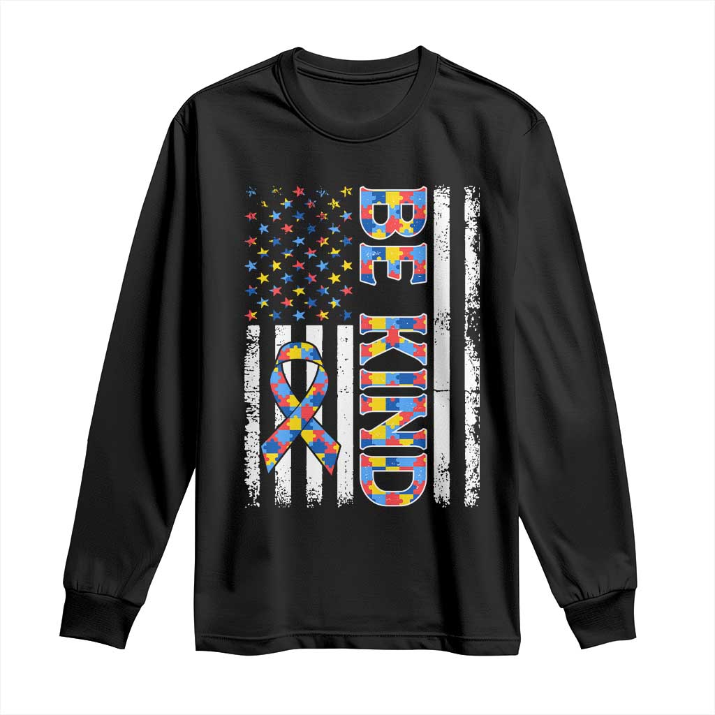 Be Kind Autism Long Sleeve Shirt USA flag Autistic Support TS10 Black Print Your Wear