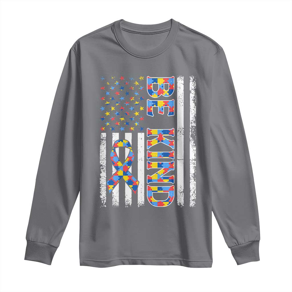 Be Kind Autism Long Sleeve Shirt USA flag Autistic Support TS10 Charcoal Print Your Wear
