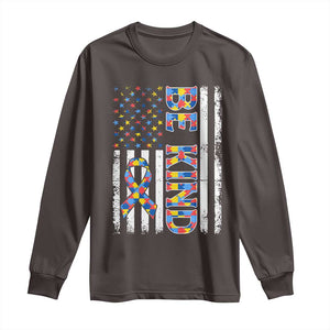 Be Kind Autism Long Sleeve Shirt USA flag Autistic Support TS10 Dark Chocolate Print Your Wear